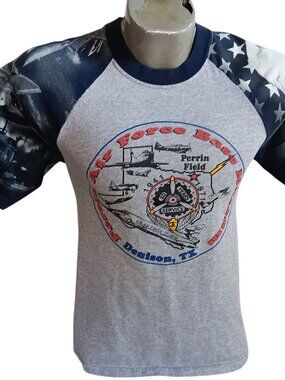Mens T-shirt Small PERRIN AIR FORCE BASE DENISON TEXAS SLEEVE PRINT RINGER